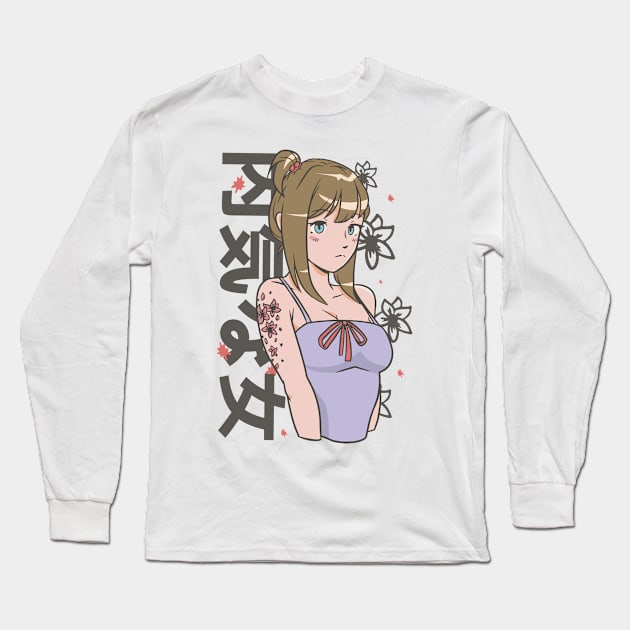 Anime Girl with Flower Tattoo: Shy woman quote Long Sleeve T-Shirt by elaissiiliass